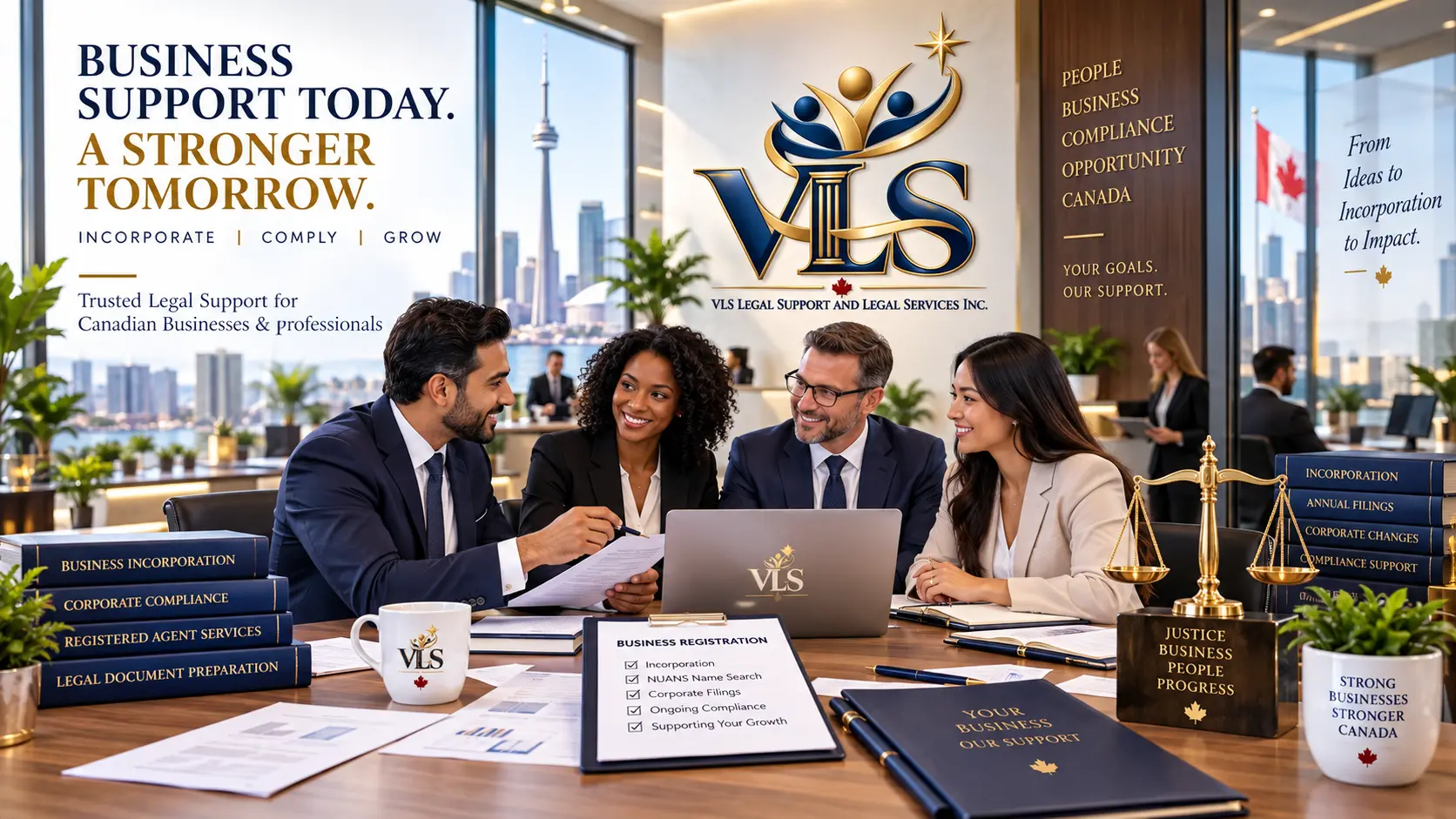 A diverse group of Canadian business professionals reviewing incorporation and corporate support documents