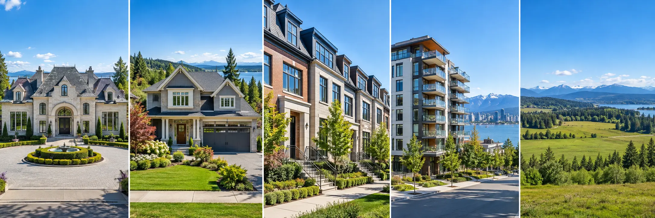 Five property types: a mansion, a detached home, a townhouse complex, an apartment building and expansive open land